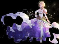  absurdres armor bad_id bad_pixiv_id blonde_hair breasts djeeta_(granblue_fantasy) dress female flower from_side glorybringer_(granblue_fantasy) granblue_fantasy hair_flower hair_ornament highres pauldrons rose short_hair shoulder_armor solo standing sword weapon white_armor white_dress white_flower white_rose yzumyy 