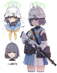  animal_ears bad_id bad_twitter_id belt_bag belt_pouch black_bag black_gloves black_hair black_undershirt blue_archive blue_sailor_collar blue_serafuku combat_helmet emu_1316 fake_animal_ears female gloves green_eyes gun halo helmet highres lahti-saloranta_m/26 light_machine_gun long_sleeves machine_gun medium_hair multiple_views neckerchief pouch rabbit_ears sailor_collar saki_(blue_archive) school_uniform serafuku simple_background stahlhelm standing tactical_clothes two-tone_skirt weapon yellow_neckerchief 