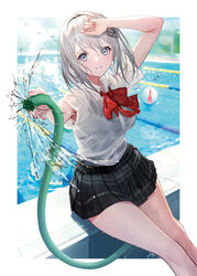  absurdres arm_up black_skirt blue_eyes blurry blurry_background border bow bowtie breasts collared_shirt cover_image day dress_shirt feet_out_of_frame female grey_hair hair_ornament highres holding holding_hose hose houkago_no_seijo-san_ga_toutoi_dake_ja_nai_koto_wo_ore_wa_shitteiru looking_at_viewer medium_breasts medium_hair miniskirt novel_illustration official_art outdoors outside_border pleated_skirt pool poolside red_bow red_bowtie school_uniform see-through shirase_seira shirt short_sleeves sitting skirt smile solo summer_uniform swimsuit swimsuit_under_clothes takubon thighs water wet wet_clothes wet_shirt white_border white_shirt 