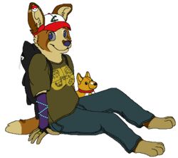  2013 aliasing alpha_channel anthro armwear backpack blue_(sebdoggo) blue_eyes blue_nose bottomwear breasts brown_body brown_fur canid canine canis clothed clothing cowboy_bebop digital_drawing_(artwork) digital_media_(artwork) domestic_dog ear_piercing ein_(cowboy_bebop) eyebrows female female_anthro flat_colors full-length_portrait fur grey_sclera herding_dog hindpaw humanoid_hands inuyasha kuroneko_(trigun) looking_at_viewer mammal microsoft_paint_(artwork) mixed_breed nintendo pants pastoral_dog paws piercing plantigrade plushie pokeball pokeball_ear_piercing pokemon portrait sebdoggo shirt simple_background sitting smile snout solo t-shirt tail tan_body tan_fur tan_inner_ear topwear trans_(lore) trans_man_(lore) transparent_background trigun welsh_corgi 