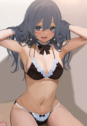  absurdres bad_id bad_pixiv_id bikini black_bikini blue_hair breasts choker commentary female hair_between_eyes highres icehotmilktea lips long_hair looking_at_viewer maid maid_bikini medium_breasts navel open_mouth original purple_eyes sitting smile solo swimsuit thighs unconventional_maid 