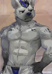  2022 anthro arknights black_hair blue_hair bottomwear clothed clothing ear_piercing eyebrow_piercing facial_piercing fur grey_body grey_fur hair hi_res hyena hypergryph male mammal melon_airaiku multicolored_hair muscular muscular_anthro muscular_male open_bottomwear open_clothing open_pants pants piercing solo spot_(arknights) spotted_hyena studio_montagne topless topless_anthro topless_male two_tone_hair underwear 