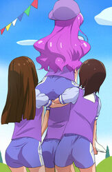  4girls ass blue_sky cloud from_behind haruyama_kazunori hat kirakira_precure_a_la_mode kotozume_yukari long_hair multiple_girls outdoors precure purple_hair short_hair short_sleeves shorts sideways_hat sky 