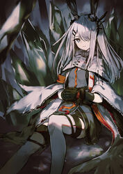  animal_ears arknights black_gloves cloak closed_mouth commentary eyebrows_hidden_by_hair feet_out_of_frame female frostnova_(arknights) gloves grey_eyes grey_hair hair_ornament hair_over_one_eye hairclip highres k_futoshi_0n0 knees long_hair looking_at_viewer own_hands_together rabbit_ears scar scar_on_face scar_on_nose sitting smile solo swept_bangs thighhighs 