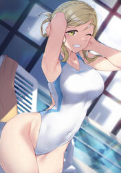  absurdres armpits blonde_hair braid breasts competition_swimsuit covered_navel crown_braid female green_eyes hair_rings highleg highleg_swimsuit highres looking_at_viewer love_live! love_live!_sunshine!! medium_breasts ohara_mari one-piece_swimsuit pool poolside shiny_skin short_hair solo swimsuit water wet white_one-piece_swimsuit yamaori_(yamaorimon) yellow_eyes 