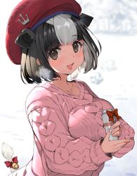  :d animal_ears aran_sweater bell beret black_hair blurry blurry_background blush bottle bow breasts breath brown_eyes cable_knit collarbone commentary_request cow_ears cow_girl cow_tail depth_of_field female hat holding holding_bottle holstein_friesian_cattle_(kemono_friends) kemono_friends kemono_friends_3 large_breasts long_sleeves looking_at_viewer milk_bottle multicolored_hair nauribon open_mouth pink_sweater red_bow red_hat short_hair sleeves_past_wrists smile snow solo sweat sweater tail tail_bell tail_bow tail_ornament two-tone_hair white_hair 