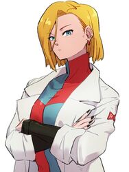  android_18 android_21 android_21_(cosplay) blonde_hair blue_eyes checkered_clothes checkered_dress closed_mouth commentary_request cosplay crossed_arms dragon_ball dragon_ball_fighterz dragon_ball_z dress earrings female hair_between_eyes jewelry kemachiku lab_coat long_sleeves looking_at_viewer red_ribbon_army short_hair simple_background solo white_background 