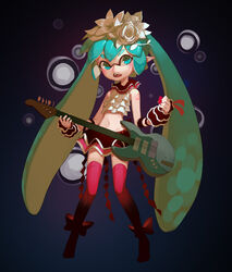  absurdres alternate_species aqua_eyes aqua_hair bare_shoulders bass_guitar bless_you_(module) bow check_instrument commentary cosplay cropped_shirt detached_sleeves electric_guitar english_commentary female flower footwear_bow frilled_shirt frills full_body green_hair guitar hair_flower hair_ornament hatsune_miku hatsune_miku_(cosplay) highres holding holding_bass_guitar holding_guitar holding_instrument holding_plectrum inkling_girl inkling_player_character instrument layered_skirt long_hair looking_at_viewer midriff miniskirt navel nisoku_hokou_(vocaloid) open_mouth plectrum pointy_ears project_diva_(series) red_bow red_thighhighs shirt skirt sleeveless sleeveless_shirt solo splatoon_(series) splatoonification standing thighhighs topdylan twintails very_long_hair vocaloid white_flower white_shirt zettai_ryouiki 