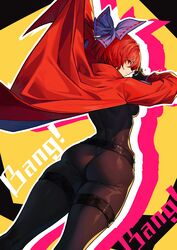  akatsuki_records ass belt black_bodysuit blue_bow bodysuit bow breasts cape commentary female from_below hairbow highres joker_(stjoker) large_breasts looking_back mixed-language_commentary outline profile red_cape red_eyes red_hair rock_&#039;n&#039;_rock_&#039;n&#039;_beat sekibanki short_hair simple_background skin_tight solo thigh_strap touhou white_outline 