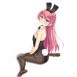  absurdres animal_ears black_bow black_bowtie black_leotard black_pantyhose blush bow bowtie breasts commentary_request detached_collar fake_animal_ears female fishnet_pantyhose fishnets highres leotard long_hair looking_at_viewer original pantyhose pink_hair playboy_bunny pout purple_eyes rabbit_ears rabbit_tail sainohikari simple_background sitting small_breasts solo strapless strapless_leotard tail wariza white_background wrist_cuffs 