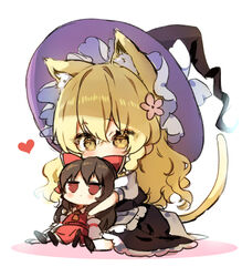  2girls animal_ears apron black_dress black_footwear black_headwear blonde_hair blush brown_eyes brown_hair cat_ears cat_girl cat_tail character_doll chibi collared_shirt colored_shadow commentary covered_mouth detached_sleeves dress hair_between_eyes hakurei_reimu hat heart kemonomimi_mode kirisame_marisa long_hair long_sleeves multiple_girls piyokichi puffy_short_sleeves puffy_sleeves red_eyes red_shirt red_skirt shadow shirt shoes short_sleeves sitting skirt sleeveless sleeveless_shirt tail touhou very_long_hair waist_apron white_apron white_background white_sleeves witch_hat 