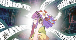  :| blunt_bangs blush chinese_commentary closed_mouth commentary_request female fingernails flower from_side green_kimono hair_flower hair_ornament hair_ribbon hands_on_headphones hands_up headphones hieda_no_akyuu japanese_clothes jiege kimono looking_afar medium_hair nail_polish pink_nails purple_eyes purple_hair red_ribbon ribbon scroll solo touhou upper_body white_flower yellow_sleeves 