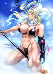  bare_shoulders barghest_(fate) barghest_(ice_warrior)_(fate) blonde_hair breasts cleavage fate/grand_order fate_(series) female green_eyes heterochromia highres horns large_breasts long_hair looking_at_viewer muscular muscular_female orion_(bear)_(fate) otsukemono red_eyes revealing_clothes solo thighs 