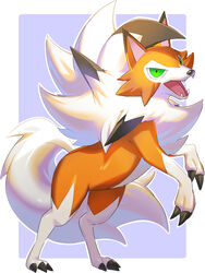  bad_id bad_pixiv_id border claws commentary_request fangs full_body green_eyes highres looking_at_viewer lycanroc lycanroc_(dusk) mian_(3zandora) no_humans open_mouth outline outside_border pokemon pokemon_(creature) purple_background solo tongue white_border 