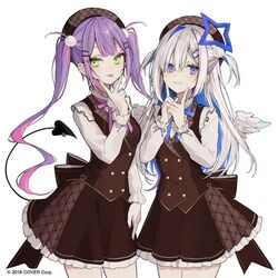  2016 2girls :p akakura amane_kanata blue_eyes closed_mouth commentary company_name copyright_notice cowboy_shot demon_tail dress fingers_to_cheeks frills green_eyes hair_ornament hands_up hat hololive long_hair looking_at_viewer multiple_girls official_alternate_costume official_art pom_pom_(clothes) pom_pom_hair_ornament purple_hair simple_background smile standing tail tokoyami_towa tokoyami_towa_(jirai_kei) tongue tongue_out twintails two_side_up virtual_youtuber white_background white_hair 