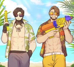  2boys abs apex_legends bare_pectorals beach beard black_gloves black_hair brown_hair cloud crypto_(apex_legends) dbox_2525 facial_hair fingerless_gloves gloves grey_male_swimwear hawaiian_shirt highres holding holding_water_gun jewelry male_focus male_swimwear mirage_(apex_legends) multiple_boys muscular muscular_male navel navel_hair necklace open_clothes open_shirt outdoors pectoral_cleavage pectorals shirt short_hair sky sunglasses water water_gun yellow_male_swimwear 