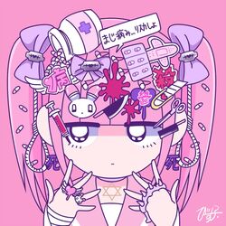  bandages bandaid black_eyes blood blunt_bangs bow boxcutter decora ezaki_bisuko female hairbow heart hexagram jitome looking_at_viewer menhera-chan_(ezaki_bisuko) menhera-chan_(ezaki_bisuko)_(character) noose official_art pink_hair pink_shirt pink_theme purple_bow rabbit razor shirt solo twintails yami_kawaii 