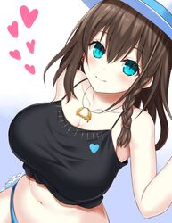  asamura_hiori bare_shoulders bikini black_bikini blue_bikini braid breasts brown_hair charlotte_corday_(fate) charlotte_corday_(swimsuit_caster)_(fate) charlotte_corday_(swimsuit_caster)_(first_ascension)_(fate) cleavage collarbone fate/grand_order fate_(series) female flower green_eyes hat heart highres jewelry large_breasts looking_at_viewer mismatched_bikini navel necklace pendant short_hair side_braid smile solo sun_hat swimsuit thighs white_hat 