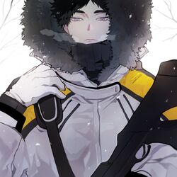  1boy akaashi_keiji black_hair blue_eyes breath coat fur_trim gloves gun haikyuu!! highres holding holding_gun holding_weapon hood hood_up korean_commentary looking_at_viewer male_focus mgmg_1012 outdoors short_hair solo weapon winter winter_clothes winter_coat 