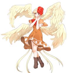  ascot bad_id bad_twitter_id bird_wings blonde_hair brown_dress capelet dress feathered_wings female full_body hair_between_eyes highres looking_at_viewer mindoll multiple_wings niwatari_kutaka own_hands_together red_ascot red_eyes red_hair shoes short_hair short_sleeves smile solo touhou wings 