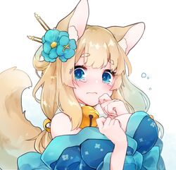  animal_ears azur_lane bell blonde_hair blue_eyes blue_kimono blush breast_press breasts female fox_ears fox_tail fur_collar gradient_background green_background japanese_clothes jingle_bell kimono kitsune large_breasts long_hair long_sleeves looking_at_viewer multiple_tails niizuki_(azur_lane) shichijou_natori solo tail thick_eyebrows upper_body wavy_mouth wide_sleeves 