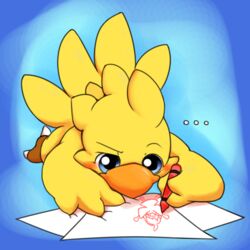  1:1 3_fingers ambiguous_gender anthro avian beak bird blue_background blue_eyes blush chocobo crayon drawing eyebrows feathers feet final_fantasy fingers fur holding_object looking_down lying miau nails nude orange_beak paper raised_eyebrow simple_background solo square_enix text toenails toes tuft wings yellow_body yellow_fur yellow_skin 