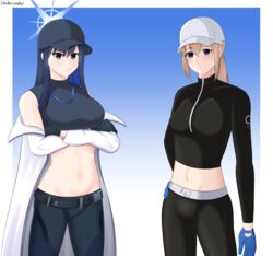  2girls absurdres bare_shoulders baseball_cap black_gloves black_headwear black_pants black_shirt blonde_hair blue_archive blue_background blue_eyes blue_gloves blue_hair breasts coat commentary cowboy_shot crop_top crossover girls&#039;_frontline gloves gradient_background hat highres large_breasts leggings long_hair long_sleeves looking_at_viewer midriff multiple_girls navel off_shoulder open_clothes open_coat pants saori_(blue_archive) scar-h_(girls&#039;_frontline) shirt sleeveless sleeveless_shirt standing stomach thighs undercoder white_background white_coat white_headwear 