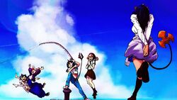  5girls alternate_costume animare arms_behind_back beret black_hair black_socks blue_hair blue_pants blue_skirt blue_sky brown_footwear brown_skirt clothes_around_waist cloud commentary_request demon_horns demon_tail falling fishing fishing_line fishing_rod full_body glasses hat highres hironoshin_110 hiyoku_no_crosspiece holding holding_fishing_rod honey_strap horns jacket jacket_around_waist jumping kisaki_anko long_hair long_skirt looking_at_another midriff miniskirt multicolored_hair multiple_girls nanashi_inc. navel open_mouth oura_rukako pants pier pink_hair pink_jacket purple_jacket shimamura_charlotte shirt shishio_chris shoes skirt sky smile socks sugar_lyric tail touri_sei two-tone_hair ultimate_fishing_simulator v_ap_art virtual_youtuber white_shirt 