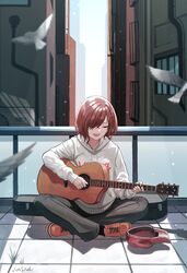  acoustic_guitar baseball_cap bird black_pants building busking closed_eyes day drawstring female full_body grey_hoodie guitar guitar_case hair_over_one_eye hat highres higuchi_madoka hood hood_down hoodie idolmaster idolmaster_shiny_colors instrument instrument_case junshiki long_sleeves mole mole_under_mouth music on_floor open_mouth orange_footwear outdoors pants playing_instrument railing red_hair red_hat shoes short_hair signature singing sitting solo sunlight tile_floor tiles unworn_hat unworn_headwear 