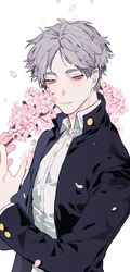  1boy black_jacket buttons closed_mouth flower gakuran grey_hair haikyuu!! highres holding holding_flower jacket korean_commentary long_sleeves looking_to_the_side male_focus mgmg_1012 mole mole_under_eye open_clothes open_jacket petals school_uniform shirt short_hair solo sugawara_koushi white_shirt 