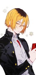  1boy black_jacket blonde_hair buttons cellphone gakuran haikyuu!! highres holding holding_phone jacket korean_commentary kozume_kenma long_sleeves looking_at_viewer male_focus mgmg_1012 multicolored_hair open_clothes open_jacket parted_lips paw_print paw_print_background phone school_uniform shirt short_hair solo two-tone_hair white_shirt yellow_eyes 