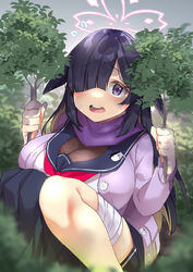  absurdres animal_ears bandaged_leg bandages black_hair blue_archive blunt_bangs blurry blush branch breasts cleavage colored_inner_hair commentary_request depth_of_field female fishnet_fabric flying_sweatdrops hair_over_one_eye halo hiding highres holding holding_branch jacket kanmuri_(kannmuri0227) knees_together_feet_apart knees_up large_breasts leaf long_hair long_sleeves looking_at_viewer lop_rabbit_ears multicolored_hair ninja one_eye_covered pleated_skirt purple_eyes purple_sweater rabbit_ears rabbit_girl rabbit_tail school_uniform see-through see-through_cleavage serafuku side_slit sidelocks sitting skirt solo sweater sweater_jacket tail tsukuyo_(blue_archive) two-tone_hair 