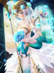  arch artist_name blonde_hair blue_eyes blush bouquet breasts bride clear_glass_(mildmild1311) cleavage collarbone commentary_request dress earrings feather_trim female fire_emblem fire_emblem_heroes fjorm_(bridal)_(fire_emblem) fjorm_(fire_emblem) flower gradient_hair highres jewelry light_smile looking_at_viewer medium_breasts multicolored_hair pegasus short_hair simple_background solo staff strapless strapless_dress tiara wedding_dress wings 