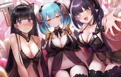  3girls @_@ aqua_hair babydoll balloon black_babydoll black_bow black_hair black_panties black_thighhighs blunt_bangs blush bow breasts cleavage closed_mouth confetti curled_horns edo_(oshiro_project) hairbow heart horns kai_(ootamuno12) kuromi_(monmusu_td) lapis_(sennen_sensou_aigis) large_breasts long_hair looking_at_viewer medium_breasts mole mole_under_eye monster_musume_td multicolored_hair multiple_girls open_mouth orange_eyes orange_hair oshiro_project:re panties pointy_ears purple_eyes sennen_sensou_aigis sitting sweat tears thighhighs underwear very_long_hair yellow_eyes 