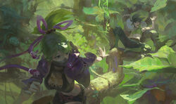  2girls absurdres akali black_hair black_mask closed_eyes genshin_impact green_hair hair_ornament highres jacket kuki_shinobu league_of_legends mask midriff mouth_mask multiple_girls nature ninja ninja_mask open_mouth pants ponytail purple_jacket scenery shorts spread_legs tied_hair tree world_(1257843324) 