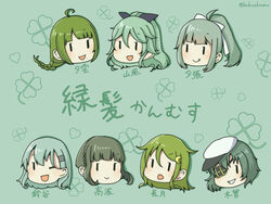  6+girls :d ;d aqua_hair black_ribbon bob_cut braid chibi clover color_connection commentary_request crescent crescent_hair_ornament eyepatch flat_cap four-leaf_clover green_background green_hair hair_color_connection hair_ornament hair_ribbon hairclip hat kamoku_nagi kantai_collection kiso_(kancolle) kiso_kai_ni_(kancolle) long_hair mole mole_under_mouth multiple_girls nagatsuki_(kancolle) one_eye_closed open_mouth ponytail ribbon short_hair sidelocks smile suzuya_(kancolle) takanami_(kancolle) trait_connection translated twitter_username white_ribbon yamakaze_(kancolle) yuubari_(kancolle) yuubari_kai_ni_(kancolle) yuugumo_(kancolle) |_| 