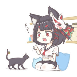  animal animal_ear_fluff animal_ears ascot azur_lane bell black_cat black_hair black_sailor_collar black_skirt blush_stickers chibi commentary_request crop_top cropped_shirt feline female full_body hair_ribbon himajin_(fd_jin) jingle_bell looking_at_animal mask mask_on_head midriff miniskirt mismatched_eyebrows navel official_alternate_costume open_mouth paw_pose pleated_skirt red_ascot red_eyes red_ribbon ribbon sailor_collar school_uniform seiza serafuku shirt short_hair short_sleeves sitting skirt smile solo tail tail_bell tail_ornament tail_ribbon thighhighs tress_ribbon white_background white_shirt white_thighhighs yamashiro_(azur_lane) yamashiro_(street_corner_offensive!)_(azur_lane) 