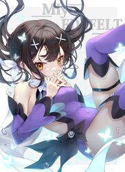  black_hair breasts bubble character_name commentary covered_navel detached_sleeves fate/kaleid_liner_prisma_illya fate_(series) female fingers_together floating_hair hair_ornament highres leotard long_hair looking_at_viewer magical_girl miyu_edelfelt moriyama_meiko purple_leotard purple_sleeves purple_thighhighs ribbon small_breasts solo thighhighs twintails white_ribbon x_hair_ornament yellow_eyes 