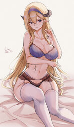  absurdres arknights artist_name bare_arms bare_shoulders bed_sheet black_panties blonde_hair blue_bra blue_hairband bra braid breasts chinese_commentary cleavage closed_mouth collarbone commentary_request dated dragon_horns feet_out_of_frame female garter_belt hairband highres horns large_breasts long_hair looking_at_viewer mismatched_underwear navel panties partial_commentary pointy_ears purple_eyes saileach_(arknights) signature simple_background sitting smile solo thighhighs twin_braids underwear underwear_only unique_(pixiv12704744) very_long_hair white_background white_thighhighs 