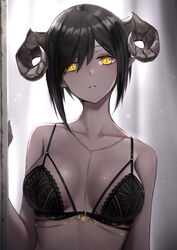  asymmetrical_hair black_bra black_hair bra breasts bright_pupils chains choppy_bangs cleavage collarbone colored_skin curled_horns expressionless female gold_chain grey_skin hair_between_eyes highres horns kai_(ootamuno12) lace lace-trimmed_bra lace_trim light_particles lingerie looking_at_viewer medium_breasts multiple_straps original parted_lips pointy_ears short_hair slit_pupils solo stray_hair swept_bangs underboob underwear underwear_only upper_body yellow_eyes 