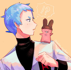  !? 1boy apollo-chan apollo_chocolate archer_(pokemon) blue_eyes blue_hair blush commentary_request delta_nonbiri hand_up jacket long_sleeves looking_to_the_side male_focus name_connection open_mouth pokemon pokemon_hgss short_hair simple_background team_rocket team_rocket_uniform thought_bubble upper_body white_jacket yellow_background 