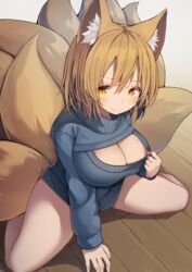  absurdres alternate_costume animal_ears blonde_hair blue_sweater breasts cleavage cleavage_cutout clothing_cutout commentary_request female fox_ears fox_tail highres large_breasts looking_at_viewer mamemochi meme_attire multiple_tails open-chest_sweater short_hair solo sweater tail touhou yakumo_ran yellow_tail 