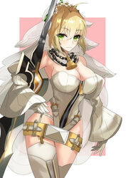  absurdres aestus_estus ahoge bare_shoulders belt blonde_hair blush border breasts bridal_veil chains cleavage detached_sleeves elbow_gloves fate/extra fate/extra_ccc fate_(series) female flower_wreath full-length_zipper gloves green_eyes hair_intakes head_wreath highleg highleg_leotard highres large_breasts leotard lock long_hair long_sleeves looking_at_viewer loose_belt musicatopos nero_claudius_(bride)_(fate) nero_claudius_(bride)_(second_ascension)_(fate) nero_claudius_(fate) padlock pink_background puffy_detached_sleeves puffy_sleeves solo sword thighhighs veil weapon white_border white_gloves white_leotard white_sleeves white_thighhighs wide_sleeves zipper zipper_pull_tab 