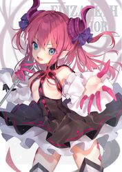  asymmetrical_horns black_dress blue_eyes character_name cowboy_shot detached_sleeves dress elizabeth_bathory_(fate) elizabeth_bathory_(fate/extra_ccc) elizabeth_bathory_(first_ascension)_(fate) fate/grand_order fate_(series) female flat_chest hair_ribbon highres holding holding_microphone horns legs_apart long_hair looking_at_viewer microphone moriyama_meiko music open_mouth pink_hair purple_ribbon ribbon singing solo standing tail uneven_horns white_sleeves 