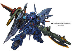  axe chibi crossover gun gundam gundam_0080 gundam_seed kampfer_(mobile_suit) mecha mechanical_wings missile_pod no_humans one-eyed perfect_strike_gundam robot solo strike_gundam takamaru_(taka1220) weapon white_background wings zeon 