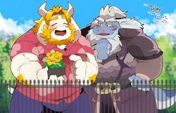  2022 amphibia_(series) amphibian anthro armor asgore_dreemurr beard blonde_hair blue_body blue_skin bottomwear bovid caprine clothing crossover crown denim denim_bottomwear denim_clothing disney duo facial_hair flower flower_shirt goat golden_flower hair headgear hi_res horn hyaku_(artist) jeans king king_andrias_leviathan male mammal newt open_mouth overweight overweight_anthro overweight_male pants plant royalty salamander topwear undertale undertale_(series) white_body white_hair 