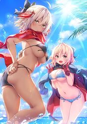  2girls :d adjusting_clothes adjusting_swimsuit ahoge ass banned_artist bikini bikini_day blonde_hair blue_bikini blue_sky blush bow breasts brown_eyes cleavage commentary_request dark-skinned_female dark_skin day double_w eyebrows_visible_through_hair fate/grand_order fate_(series) from_side front-tie_bikini front-tie_top gloves hair_between_eyes hairbow half_updo highres horizon jacket jacket_on_shoulders konomi_(kino_konomi) large_breasts leaning_forward leg_up looking_at_viewer multi-strapped_bikini multiple_girls navel okita_souji_(alter)_(fate) okita_souji_(fate)_(all) open_mouth outdoors red_scarf scarf side-tie_bikini sky smile sunlight swimsuit tassel underboob v-shaped_eyebrows w water_drop white_hair 