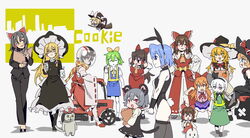  6+girls absurdres animal_ears ascot azusa_(cookie) benikurage_(cookie) bent_over black_bow black_bowtie black_eyes black_hair black_hairband black_headwear black_jacket black_leotard black_pants black_ribbon black_skirt black_thighhighs blonde_hair blue_eyes blue_hair blue_skirt blue_vest blush boots bow bowtie box braid breasts broom broom_riding brown_eyes brown_hair brown_horns buttons capelet checkered_clothes checkered_scarf closed_eyes closed_mouth collared_shirt commentary cookie_(touhou) cup cyjalway daiyousei detached_sleeves disposable_coffee_cup disposable_cup diyusi_(cookie) dress fake_animal_ears fake_tail feline flat_chest flour_(cookie) frilled_bow frilled_hair_tubes frilled_shirt_collar frilled_skirt frills full_body glasses green_hair green_skirt green_vest grey_dress grey_hair ground_vehicle hair_ribbon hair_tubes hairband hairbow hakama hakama_skirt hakurei_reimu hat hat_ornament helmet heterochromia high-visibility_vest highres holding holding_cup holding_pickaxe holding_shovel horns ibuki_suika jacket japanese_clothes kanna_(cookie) kirisame_marisa konpaku_youmu kumoi_ichirin large_breasts layered_clothes leotard long_hair long_skirt long_sleeves looking_at_another looking_to_the_side manatsu_no_yo_no_inmu medium_breasts meguru_(cookie) mikan_box mini_person minigirl miura_cat moped motor_vehicle motorcycle_helmet mouse_ears mouse_girl mouse_tail multiple_girls nazrin necktie noel_(cookie) nyon_(cookie) office_lady open_mouth orange_ascot orange_hair orange_scarf pants pickaxe pink_shirt playboy_bunny puffy_short_sleeves puffy_sleeves purple_bow rabbit_ears rabbit_tail red_bow red_bowtie red_eyes red_skirt red_star rei_(cookie) ribbon ribbon-trimmed_sleeves ribbon_trim sakenomi_(cookie) sananana_(cookie) scarf semi-rimless_eyewear shirt short_hair short_sleeves shovel sidelocks single_braid skirt skirt_set sleeveless sleeveless_shirt smile socks star_(symbol) star_hat_ornament tail the_chicken_that_appears_in_the_middle_of_cookie thighhighs touhou under-rim_eyewear uzuki_(cookie) vest white_capelet white_shirt white_sleeves wide_sleeves witch_hat yamin_(cookie) yellow_ascot yellow_bow yellow_necktie yellow_scarf zerukalo_(cookie) 