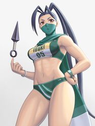  abs antenna_hair balancing balancing_on_finger black_hair breasts brown_eyes buruma character_name commentary_request covered_mouth female fingernails green_buruma green_scarf green_sports_bra hand_on_own_hip high_ponytail ibuki_(street_fighter) kunai long_hair long_scarf mask medium_breasts mouth_mask navel ninja_mask noppo_(tarstation) official_alternate_costume scarf solo sports_bra standing street_fighter street_fighter_v tan thick_thighs thighs toned underwear very_long_hair watch weapon white_background wristwatch 