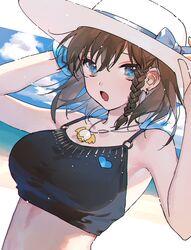  beach bikini bikini_top_only blue_eyes braid breasts brown_hair charlotte_corday_(fate) charlotte_corday_(swimsuit_caster)_(fate) charlotte_corday_(swimsuit_caster)_(first_ascension)_(fate) collarbone commentary_request earrings fate/grand_order fate_(series) female hands_on_headwear hat highres holding jewelry pendant seiya_ingen solo sun_hat swimsuit 